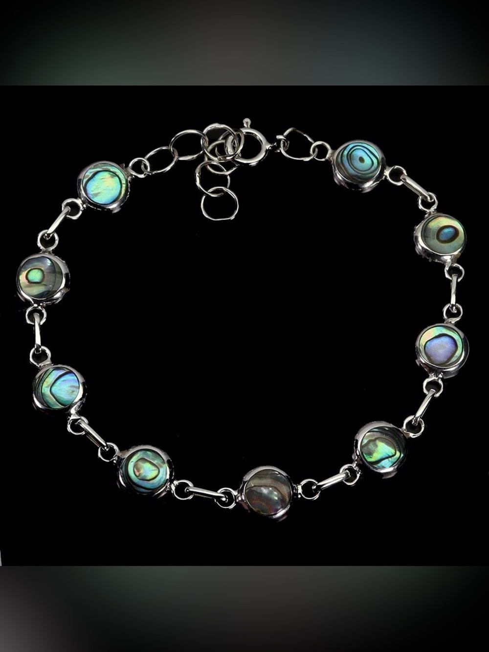 Stunning 6mm round Mother of Pearl Cabochon 925 Sterling Silver Bracelet 7.5”